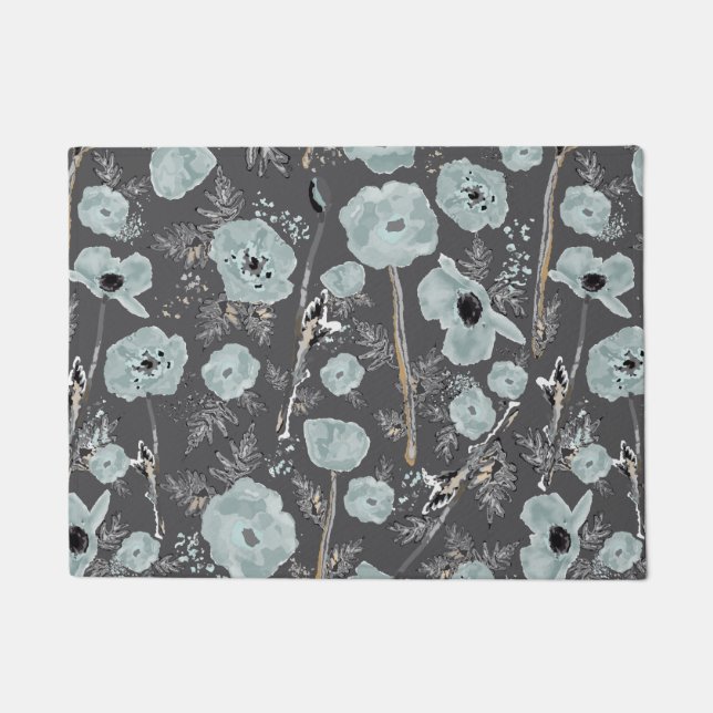 Paillasson Papillons bleu gris noir Aquarelle couleur florale (Devant)