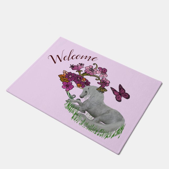Paillasson Papillons Unicorne Et Fleurs Personnalisés (Incliné)