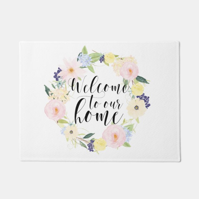 Paillasson Pastel Spring Floral Wreath Bienvenue Dans Notre M (Devant)