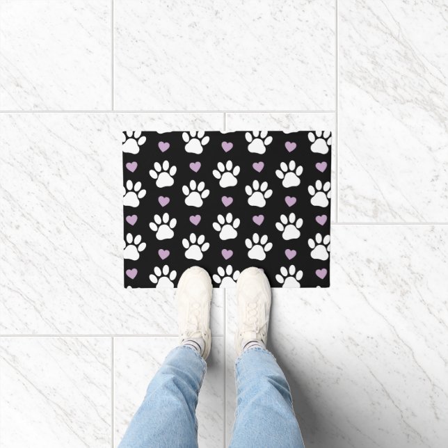 Paillasson Paw Motif, Chien Paws, White Paws, Lilac Hearts (Intérieur)