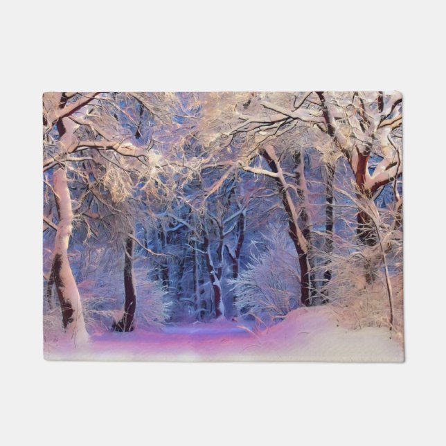 Paillasson Paysage hivernal avec l'aquarelle des arbres neigé (Devant)