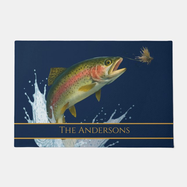 Paillasson Pêche à la mouche aquarelle truite poisson marine  (Devant)