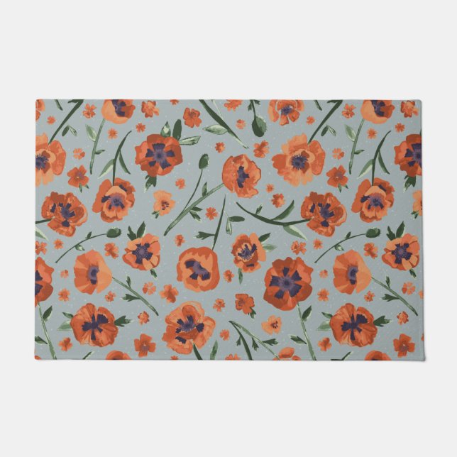 Paillasson Peint À La Main De Belles Fleurs De Pavot Orange (Devant)