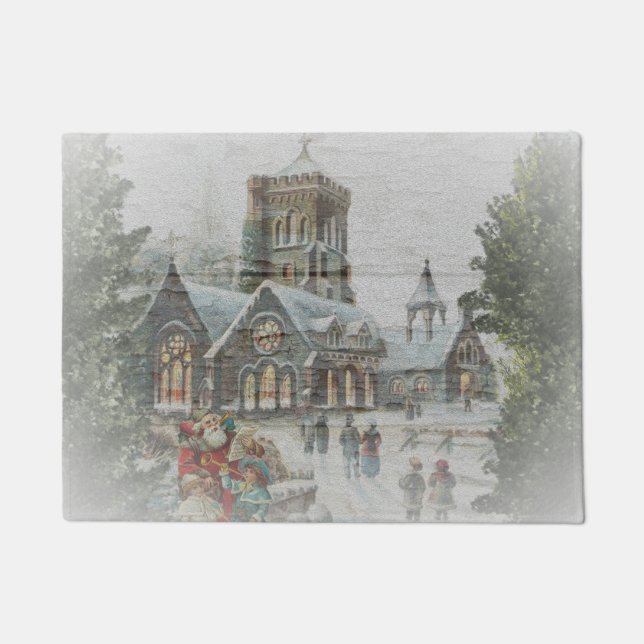 Paillasson Père Noël ancienne avec enfants devant une église (Devant)