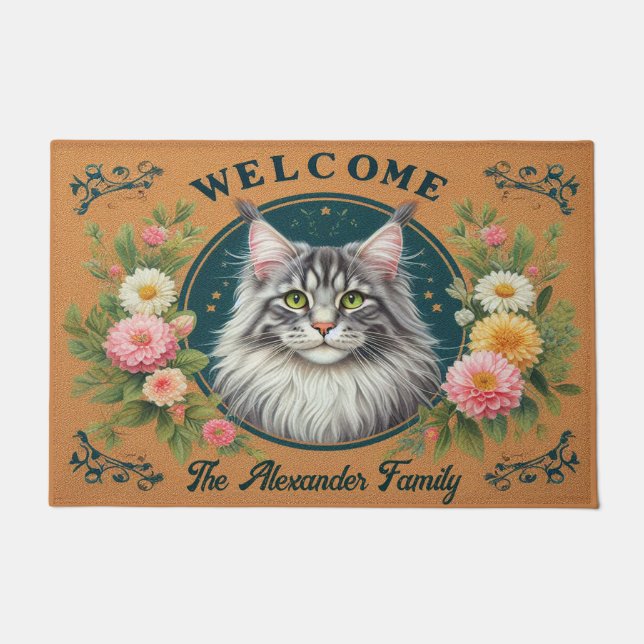 Paillasson Personnalisé Maine Coon Cat Stylish Floral Bienven (Devant)