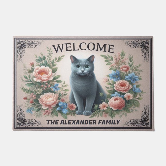 Paillasson Personnalisé Russe bleu Chat Floral Chic Bienvenue (Devant)