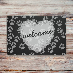 Paillasson Pet Empreinte de patte Heart Welcome Black White D