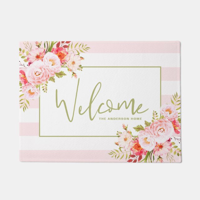 Paillasson Pétrole rose et pivoines Floral Welcome Doormat (Devant)