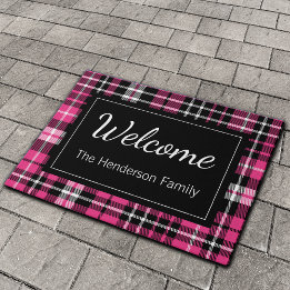 Paillasson Pink Plaid Welcome Monogramme Nom de famille