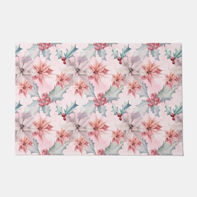 Paillasson Pink Poinsettias Hiver Vacances Florales modernes (Devant)