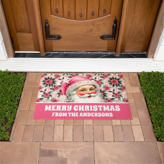 Paillasson Pink Retro Santa Claus Noël Floral Plaid (De plein air)