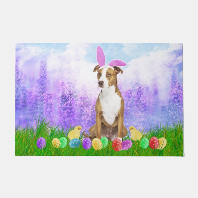 Paillasson Pitbull Chien avec oeufs de Pâques Poussins lapins (Devant)