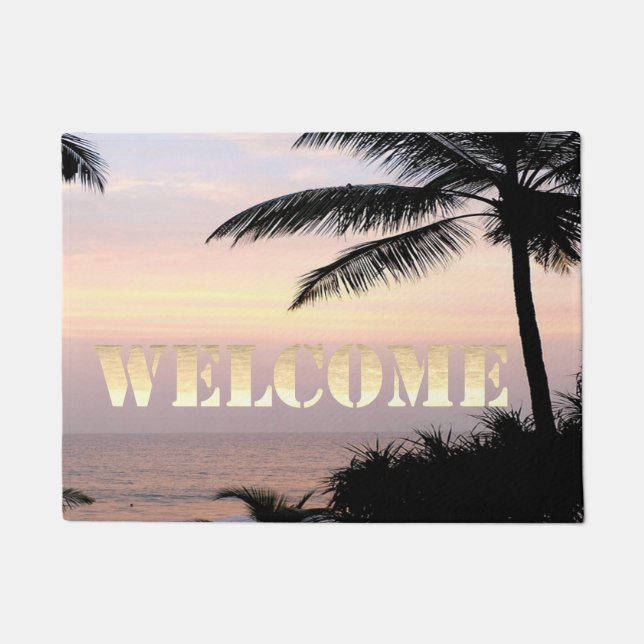 Paillasson Plage, Océan, Coucher de soleil, Palm, Bienvenue (Devant)