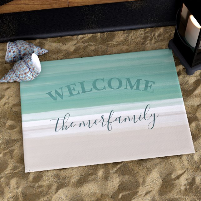 Paillasson Port de bienvenue Turquoise Ocean Beach moderne (An ocean beach themed doormat to welcome your guests at your Beach House. Just add your name)