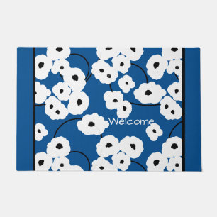 PAILLASSON PORTE CHIC MAT_MOD POPIES FLORALES BLANCHES ET NOI