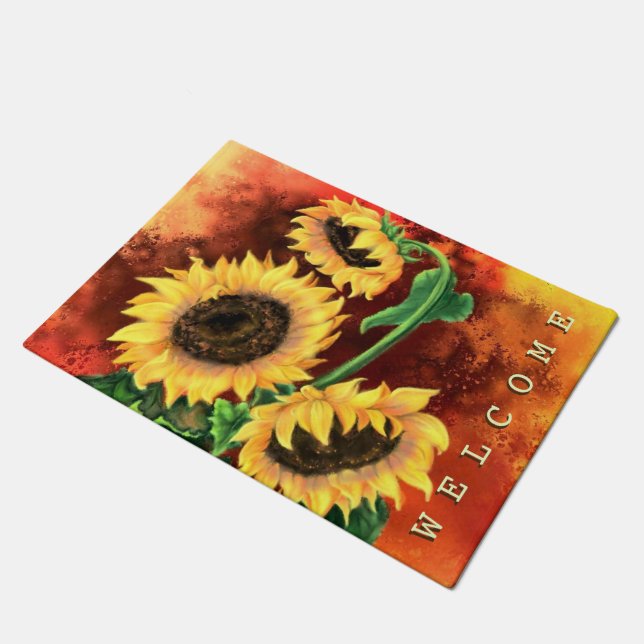 Paillasson Porte de bienvenue de trois tournesols - Peinture (Incliné)