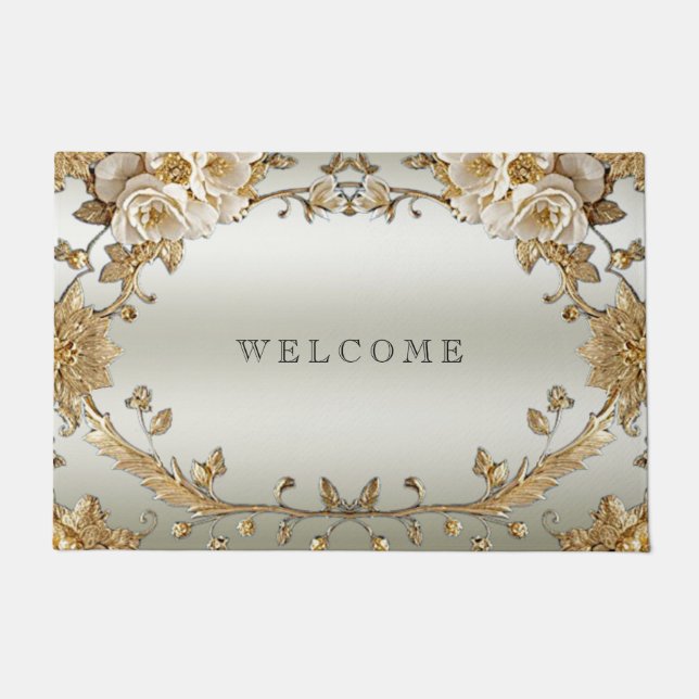 Paillasson Porte de fleurs blanches dorées (Devant)