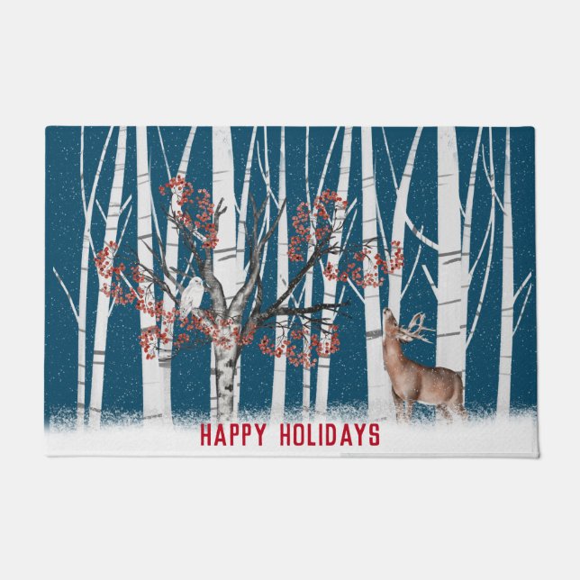Paillasson Porte de Noël Cerf Et Chouette Neige (Devant)