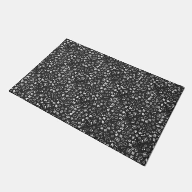 Paillasson Porte Mat Joyeux Symboles de Noël Noir Blanc (Incliné)