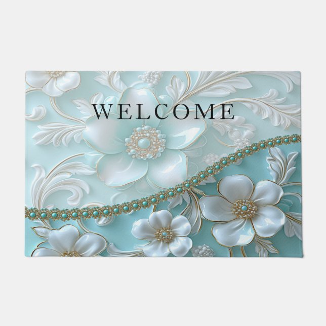 Paillasson Porte turquoise blanche florale (Devant)