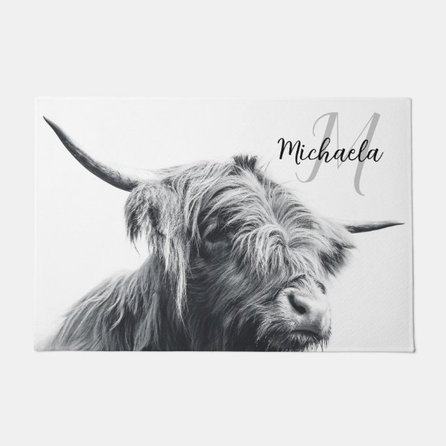 Paillasson Portrait de vache Highland premier monogramme noir (Devant)