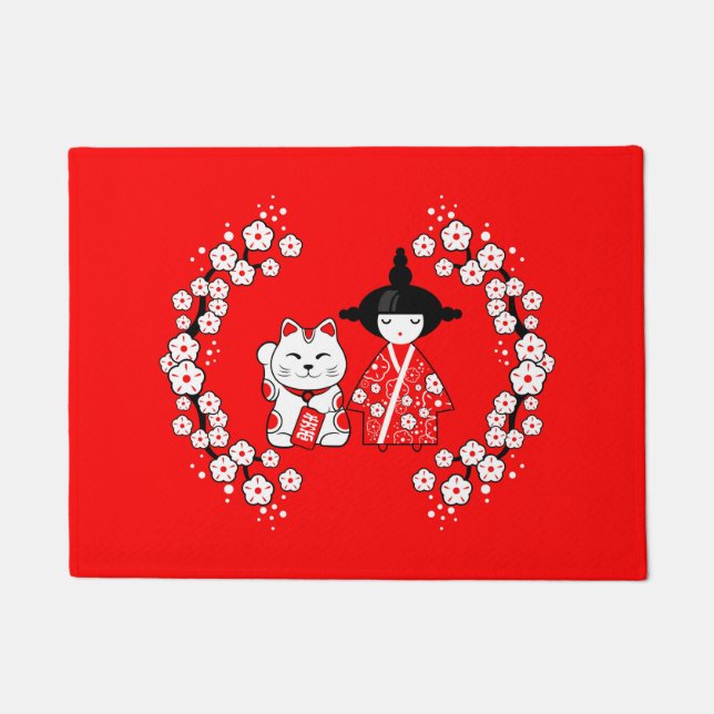 Paillasson Poupée japonaise - Kokeshi et Maneki Neko Cat (Devant)
