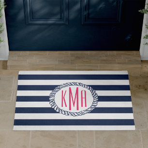 Paillasson Preppy Nautical Navy & White Stripe Pink Monogramm