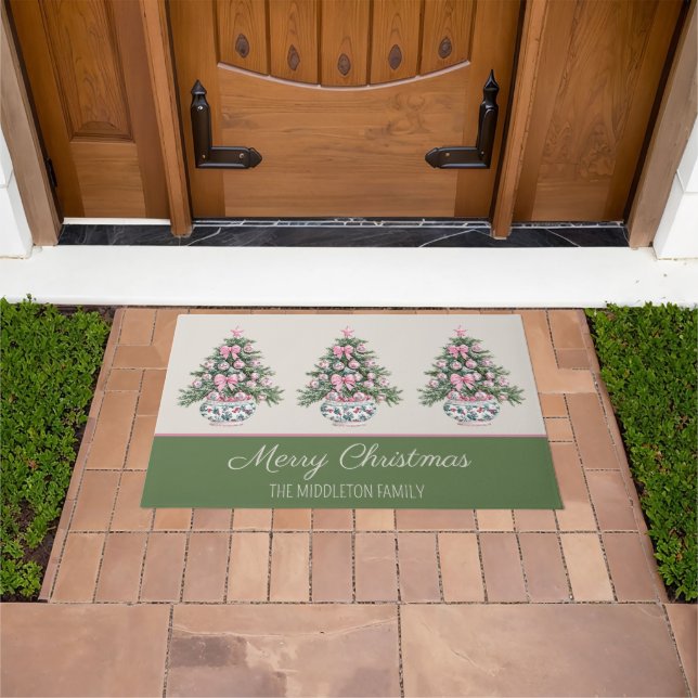 Paillasson Preppy Pink and Green Chinoiserie Christmas Tree (De plein air)