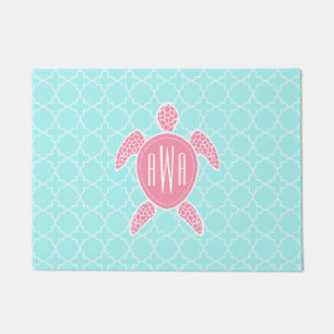 Paillasson Quatrefoil bleu + Natte rose de monogramme de