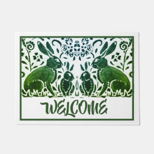 Paillasson Rabbit Bienvenue Vintage vert & blanc Floral
