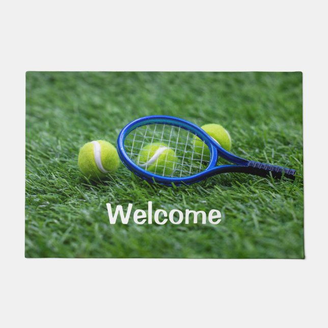 Paillasson Racket de tennis avec balle sur herbe verte (Devant)