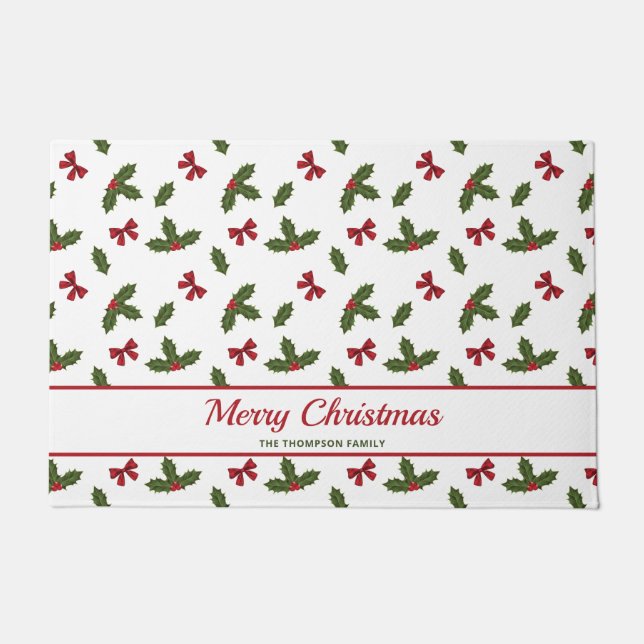 Paillasson Red Bows Et Noël Holly Plante Motif & Texte (Devant)