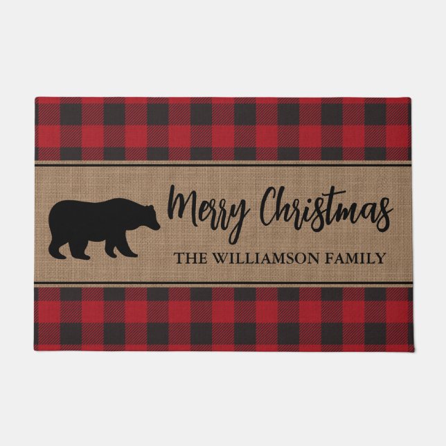 Paillasson Red Buffalo Plaid Joyeux Noël Ours Vacances (Devant)