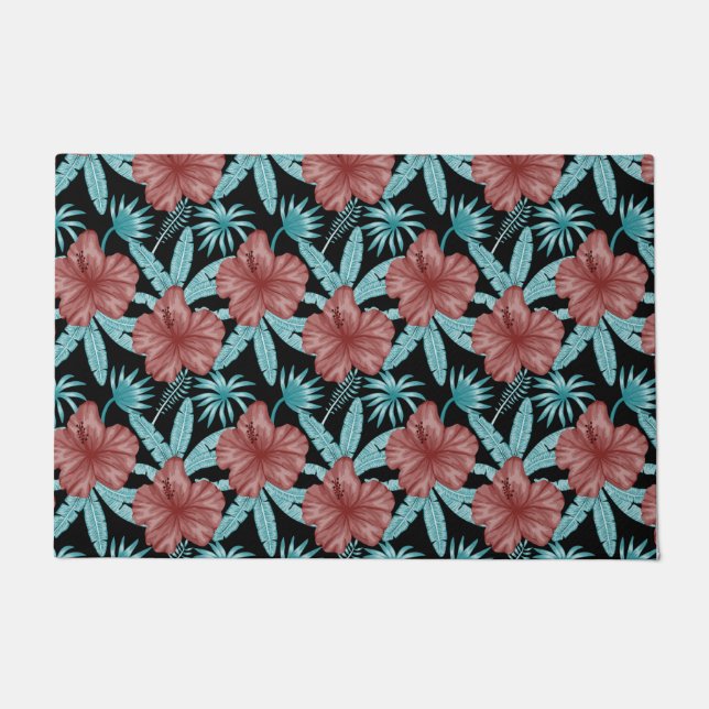 Paillasson Red flowers tropical seamless pattern &blue leaves (Devant)