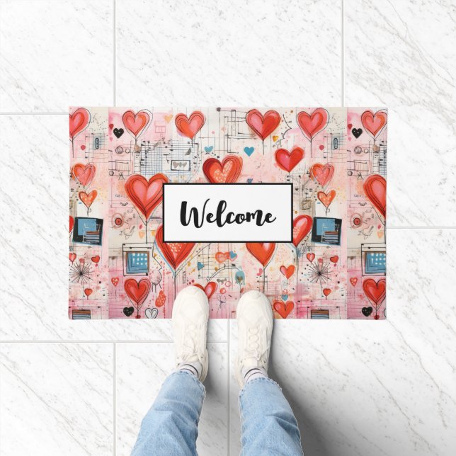 Paillasson Red Hearts Whimsical Love Motif Bienvenue (Intérieur)