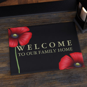 Paillasson Red Poppy Floral Nom de famille Black Doormat