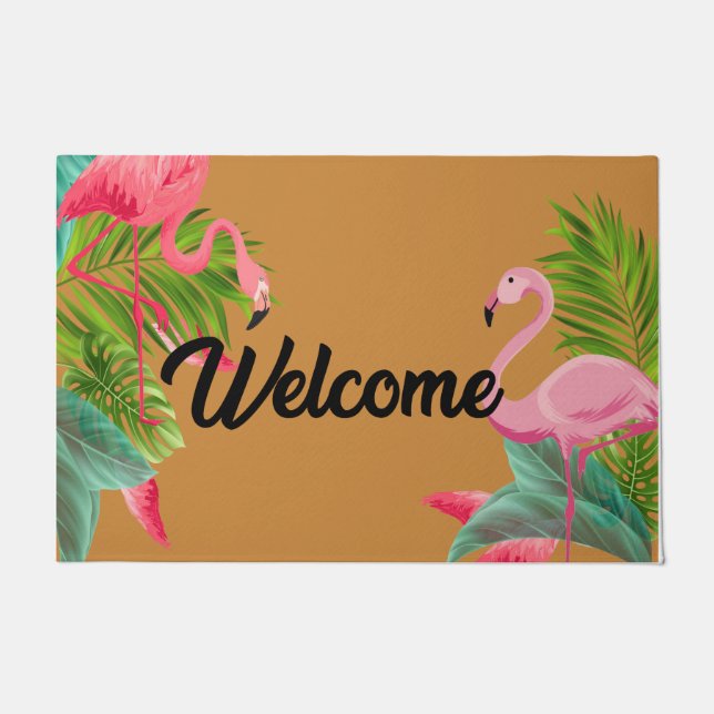 Paillasson Retro Bienvenue Flamants roses tropicaux mat (Devant)