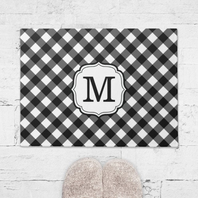 Paillasson Retro Elegant Personalized Gingham Door Mat (retro elegant personalized black and white gingham door mat)