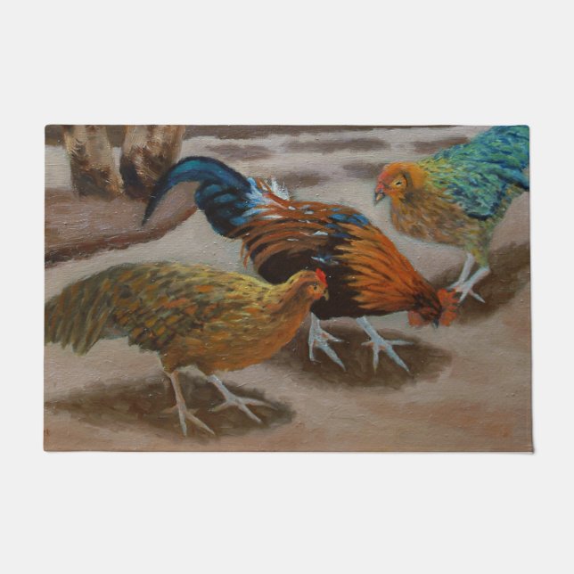 Paillasson Rooster et poulets colorés fantaisie (Devant)
