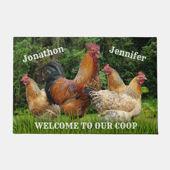 Paillasson Rooster rouge et poules "Bienvenue à notre coopéra (Devant)