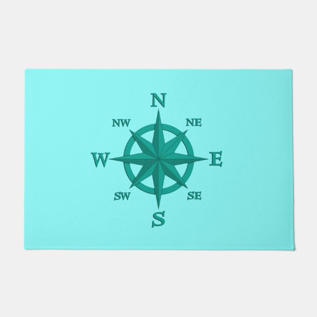 Paillasson Rose Compass huit points, Turquoise et Aqua (Devant)