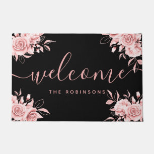 Paillasson Rose Gold Black Floral Bienvenue Nom de famille Do