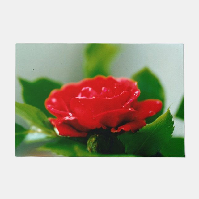 Paillasson Rose rouge de la passion couverte de gouttes de ro (Devant)