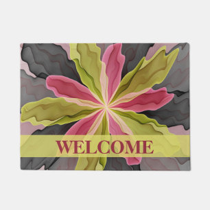 Paillasson Rose Vert Anthracite Fleur Fractale Bienvenue
