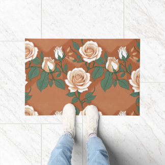 Paillasson Roses Vert Pâle Et Crème Sur Un Fond De Terracotta