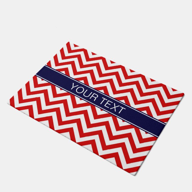 Paillasson Rouge Blanc LG Chevron Marine Nom bleu Monogramme (Incliné)