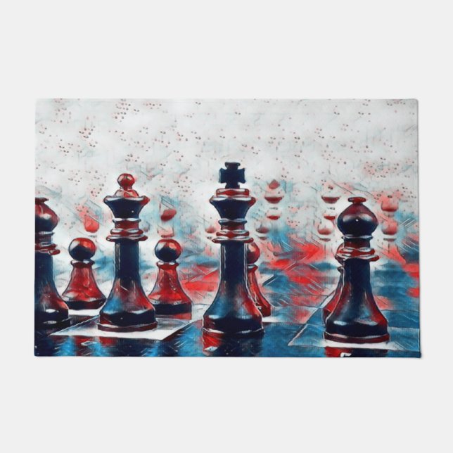 Paillasson Rouge, Blanc, Pièces d'échecs Bleues Roi, Reine, É (Devant)