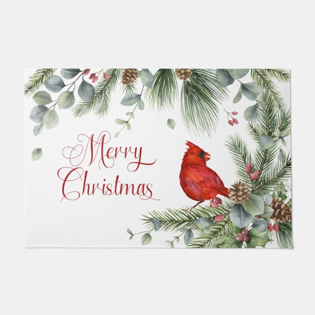 Paillasson Rouge Cardinal Pine Branches Pine Cones Berries (Devant)