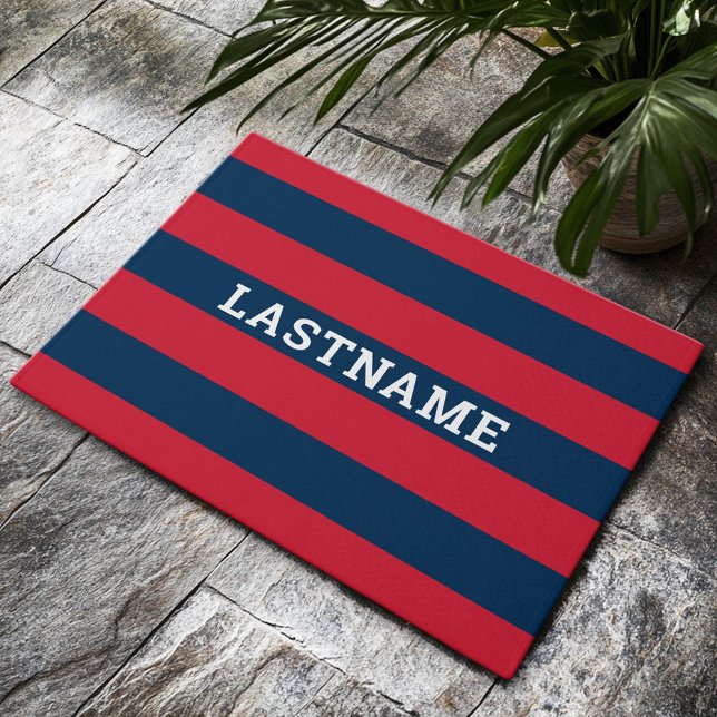 Paillasson Rugby bleu marine et rouge avec nom personnalisé (Custom Welcome Mat)