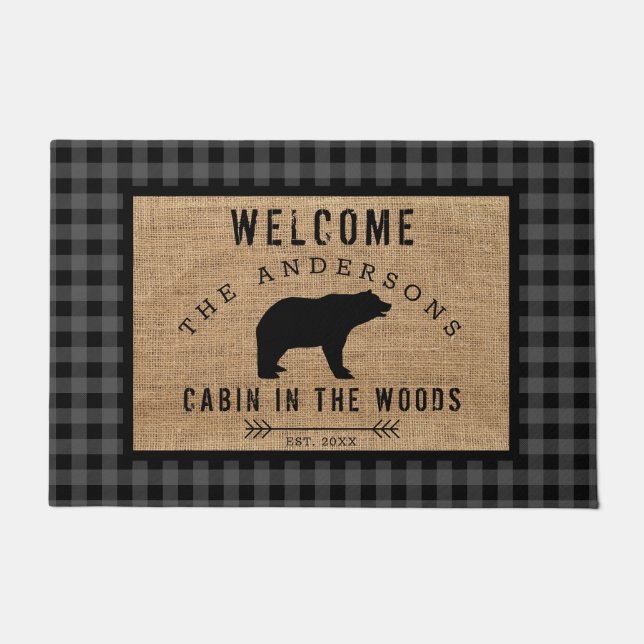 Paillasson Rustic Bear Bienvenue Cabine dans les bois Nom de  (Devant)